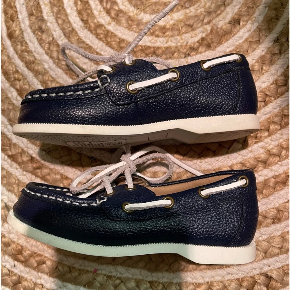 Janie and Jack Navy Blue Leather Boat Shoes with White Laces